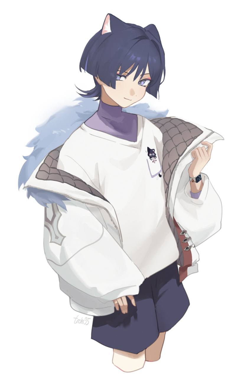 1boy, 69pou, animal_ear_fluff, animal_ears, arm_at_side, artist_name, black_hair, black_shorts