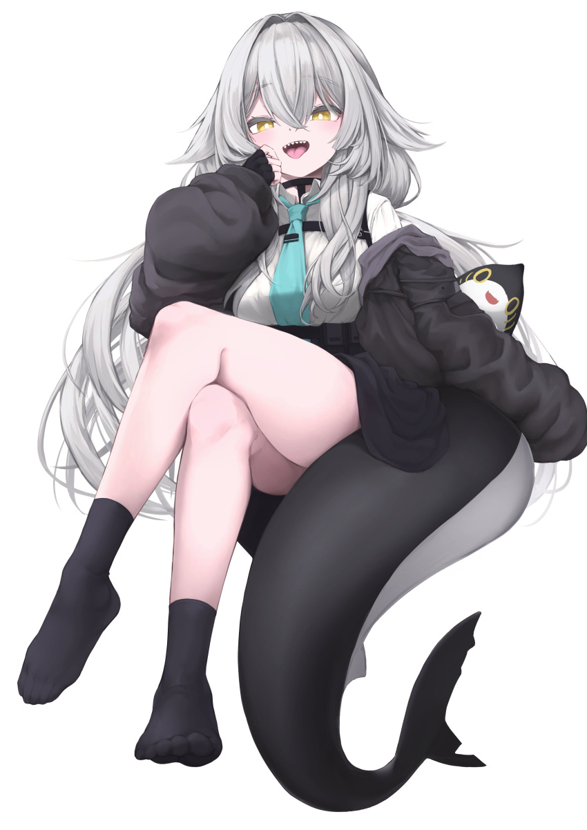 1girl, absurdres, aqua_necktie, black_jacket, black_socks, blush, breasts, cetacean_tail