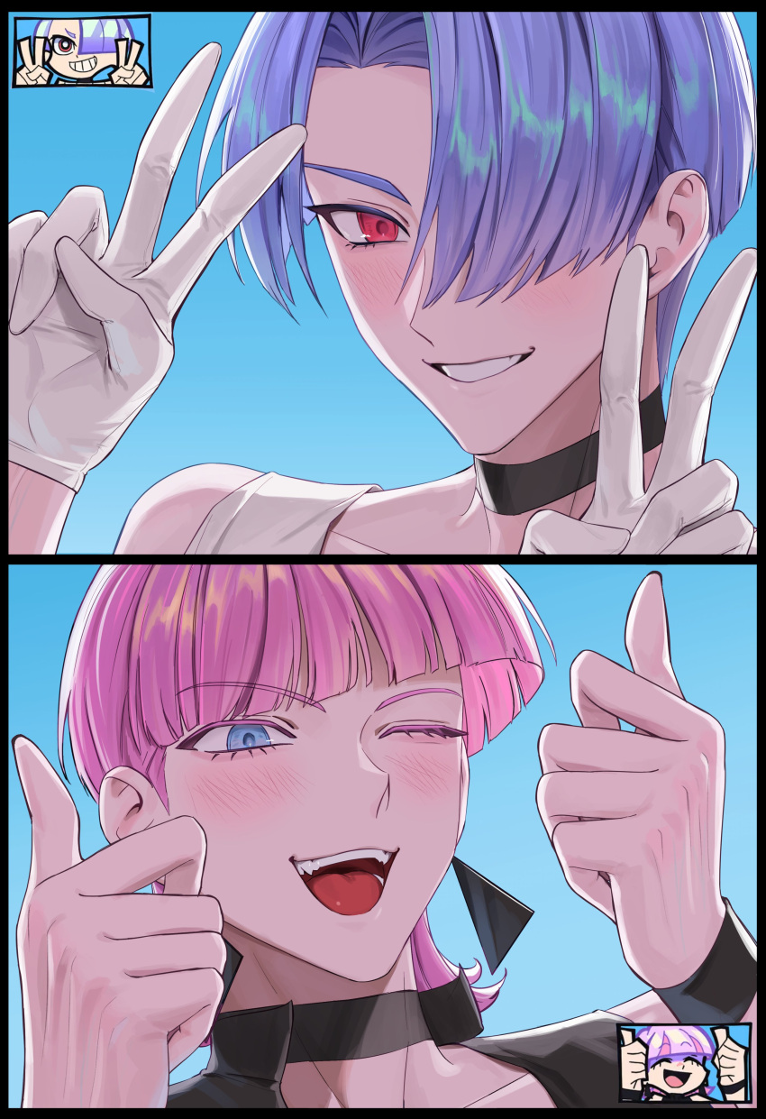 2boys, absurdres, black_choker, blue_background, blue_hair, blunt_bangs, blush, brothers