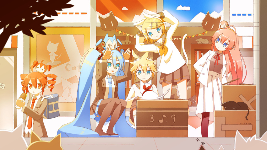 1boy, 4girls, absurdres, black_jacket, black_skirt, blonde_hair, blue_eyes, blue_hair, blue_necktie, boots, cat, commentary, drill_hair, food, hair_ornament, hatsune_miku, highres, holding, holding_food, jacket, kagamine_len, kagamine_rin, kasane_teto, long_hair, long_sleeves, megurine_luka, mido_(gomachaxx), miniskirt, multiple_girls, neck_ribbon, necktie, open_clothes, open_jacket, pink_hair, pleated_skirt, rabbit_pose, red_hair, red_ribbon, ribbon, sandwich, shirt, sitting, skirt, symbol-only_commentary, thigh_boots, twin_drills, twintails, utau, very_long_hair, vocaloid, white_jacket, white_shirt, white_skirt