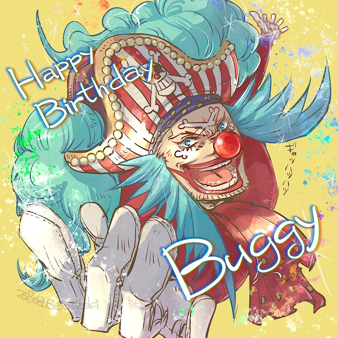 1boy, ascot, blue_eyes, blue_hair, buggy_the_clown, character_name, dated, gloves