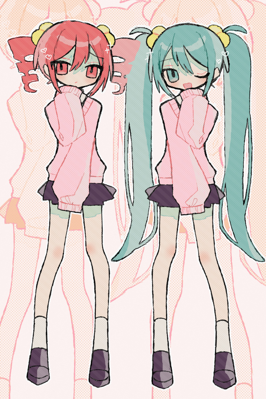 2girls, alternate_costume, aqua_eyes, aqua_hair, black_shoes, black_skirt, drill_hair, full_body, hair_bobbles, hair_ornament, hand_up, hatsune_miku, highres, kasane_teto, long_hair, looking_at_viewer, matching_outfits, miniskirt, multiple_girls, okashira_moppu, one_eye_closed, pink_sweater, red_eyes, red_hair, shoes, skirt, sleeves_past_fingers, sleeves_past_wrists, socks, standing, sweater, twin_drills, twintails, utau, very_long_hair, vocaloid, white_socks