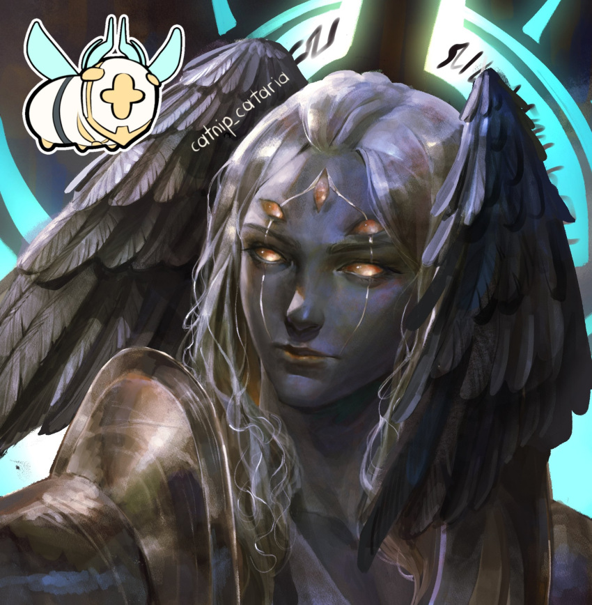 1other, alternate_costume, armor, bags_under_eyes, black_wings, catnip_cataria, dark-skinned_female, dark_skin, expressionless, extra_eyes, feathered_wings, gabriel_(ultrakill), head_wings, highres, long_hair, looking_at_viewer, portrait, shoulder_armor, solo, ultrakill, white_hair, wings
