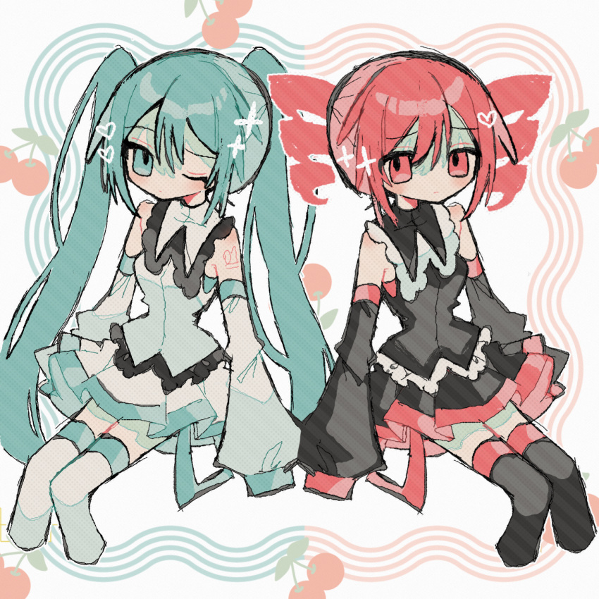 2girls, aqua_eyes, aqua_hair, black_shirt, black_skirt, black_thighhighs, cherry_background, detached_sleeves