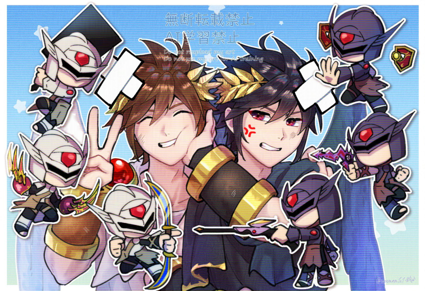 ahoge, angel, angel_wings, anger_vein, black_club_(kid_icarus), black_hair, bow_(weapon), brown_hair