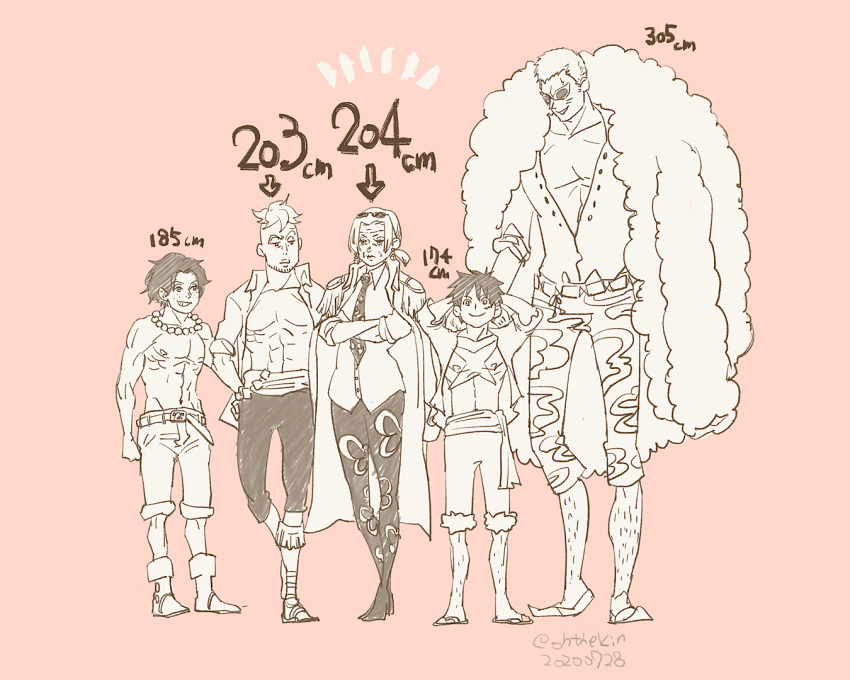 1girl, 4boys, boots, commentary_request, crossed_arms, donquixote_doflamingo, earrings, epaulettes