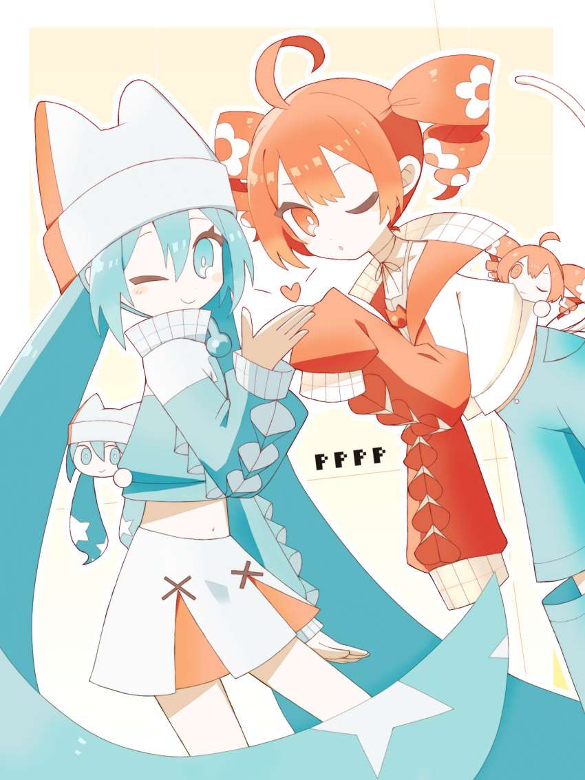 2girls, ahoge, aqua_eyes, aqua_jacket, cropped_jacket, drill_hair, hat, hat_with_ears