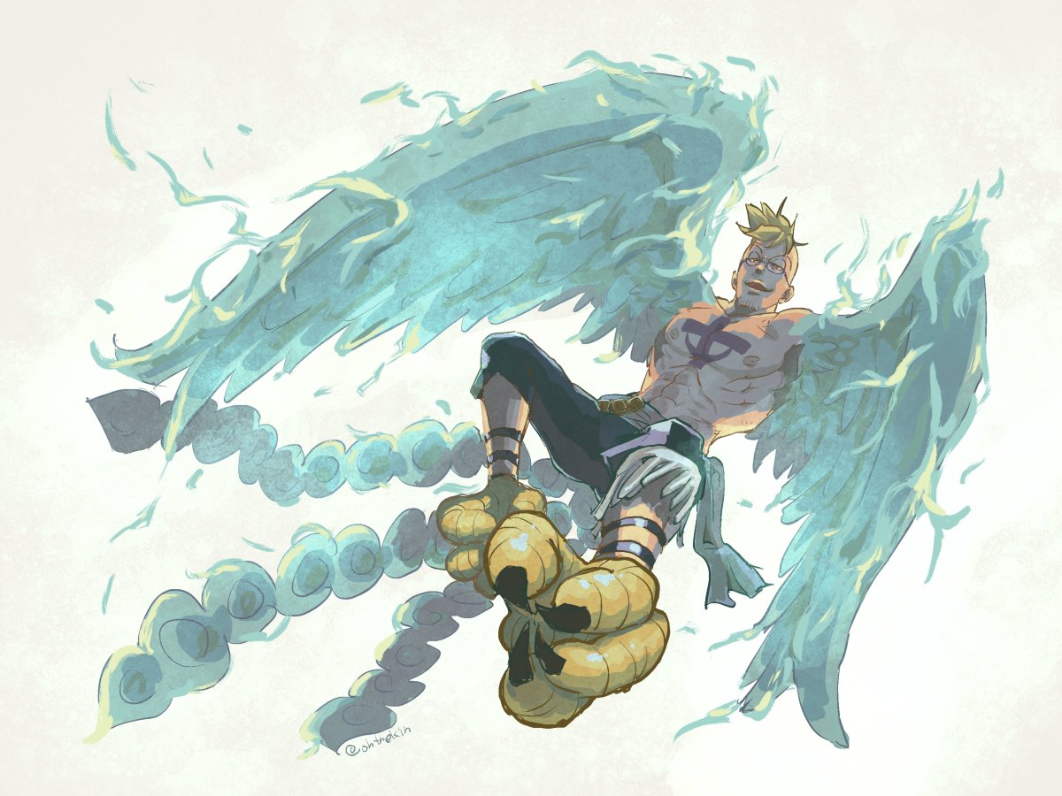 1boy, alternate_form, anchor_symbol, blonde_hair, blue_wings, chest_tattoo, claws, commentary_request