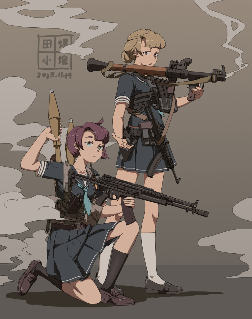 2girls, a-545, ammunition_pouch, aqua_eyes, aqua_necktie, assault_rifle, black_serafuku, black_shirt, black_shoes, black_socks, blonde_hair, brown_background, brown_eyes, brown_shoes, bulletproof_vest, closed_mouth, commentary, dated, english_commentary, etmc1992, full_body, gun, handgun, highres, holding, holding_gun, holding_rocket_launcher, holding_weapon, holster, holstered, k-50m, load_bearing_vest, looking_at_another, magazine_(weapon), multiple_girls, necktie, on_one_knee, open_mouth, original, pouch, purple_hair, rifle, rocket_launcher, rpg-7, rpg_(weapon), school_uniform, serafuku, shirt, shoes, short_hair, simple_background, smoke, socks, standing, submachine_gun, weapon, weapon_request, white_socks