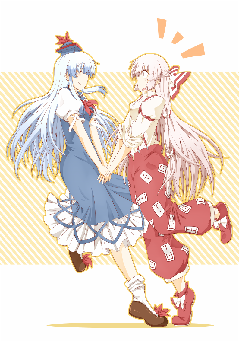 ascot, blue_hair, bow, closed_eyes, dress, eyes_closed, fujiwara_no_mokou, hair_bow, hand_holding, hariya, hariyaa, hat, holding_hands, kamishirasawa_keine, long_hair, multicolored_hair, multiple_girls, open_mouth, ribbon, silver_hair, sleeves_rolled_up, smile, striped, striped_background, suspenders, tiptoes, touhou, two-tone_hair, white_hair