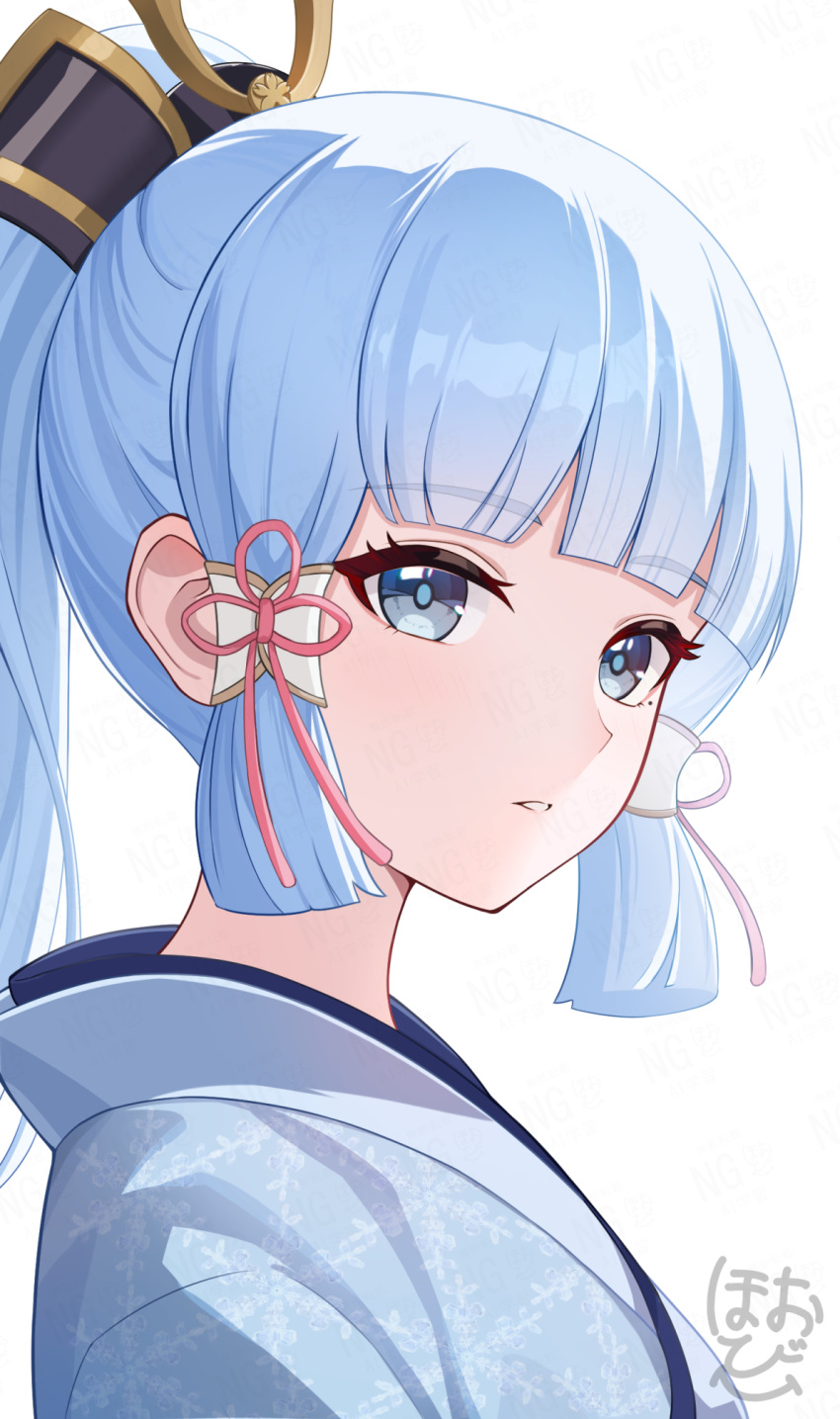 1girl, arched_bangs, blue_eyes, blue_hair, blue_kimono, blunt_tresses, commentary, from_side, genshin_impact, high_ponytail, highres, hobio, japanese_clothes, kamisato_ayaka, kimono, long_hair, looking_at_viewer, looking_to_the_side, parted_lips, ponytail, sidelocks, simple_background, solo, upper_body, very_long_hair, white_background