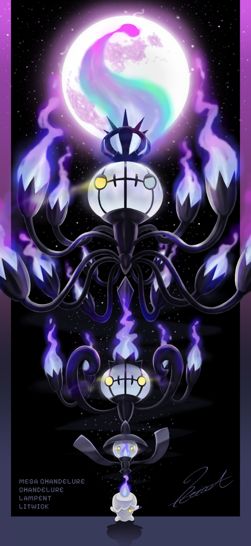 absurdres, blue_fire, chandelure, character_name, commentary_request, evolutionary_line, fire, glowing