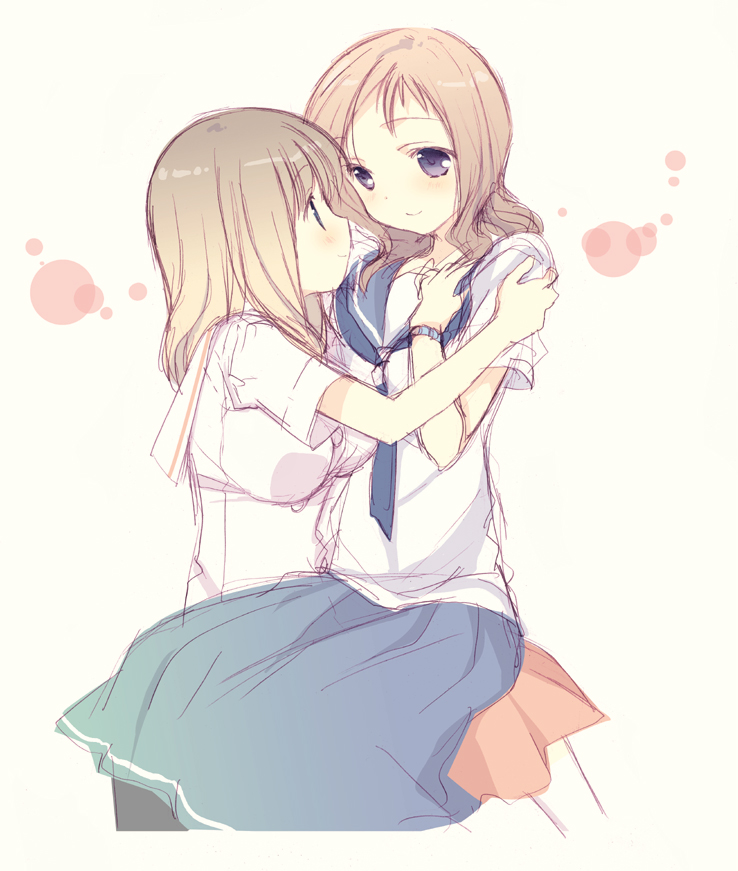 bad_id, blonde_hair, blue_eyes, blush, breasts, fukuji_mihoko, hands_on_shoulders, long_hair