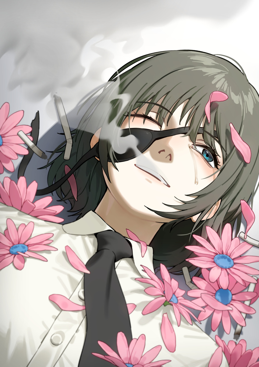 1girl, absurdres, b1026, black_hair, black_necktie, blue_eyes, chainsaw_man, cigarette