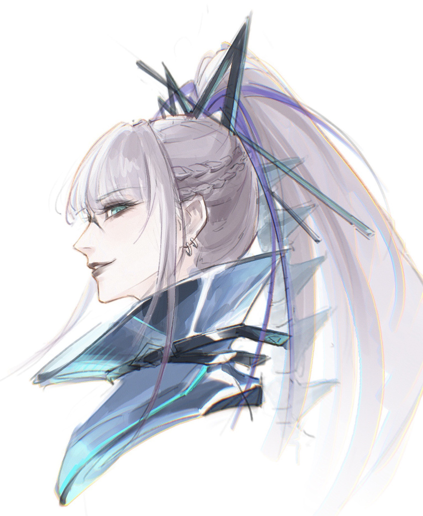 1girl, bai_yi_(path_to_nowhere), braid, cropped_shoulders, earclip, from_side, green_eyes, grey_hair