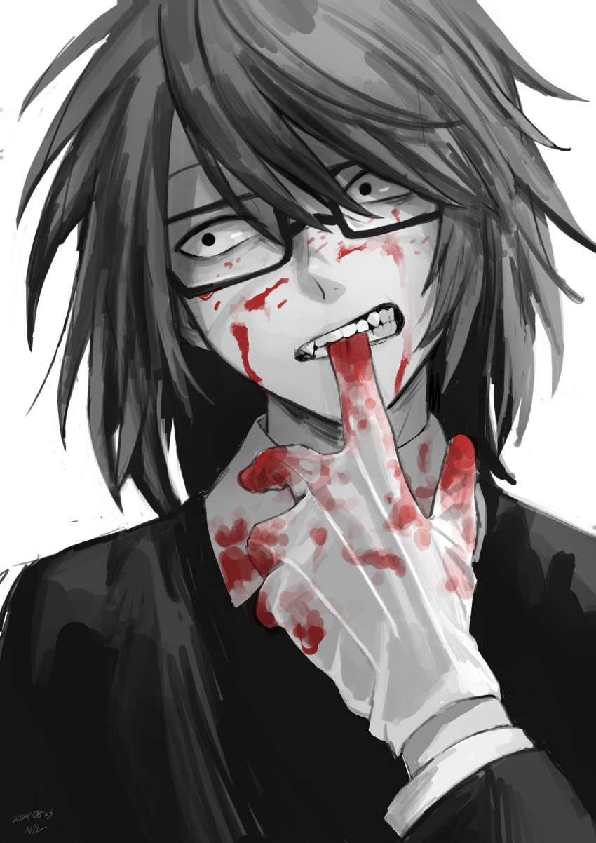 1boy, biting, biting_glove, blood, blood_on_clothes, blood_on_face, blood_on_hands, clenched_teeth