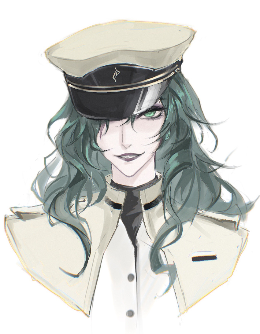 1girl, cropped_torso, eyeliner, eyeshadow, green_eyes, green_hair, hat, hat_over_one_eye