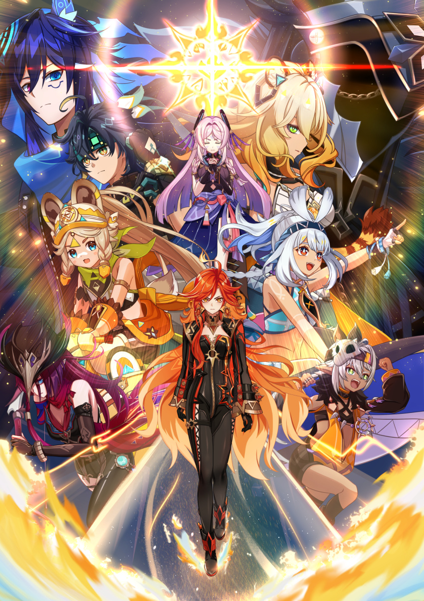 2boys, 6+girls, animal_ears, black_bodysuit, black_jacket, blonde_hair, blue_eyes, blue_hair