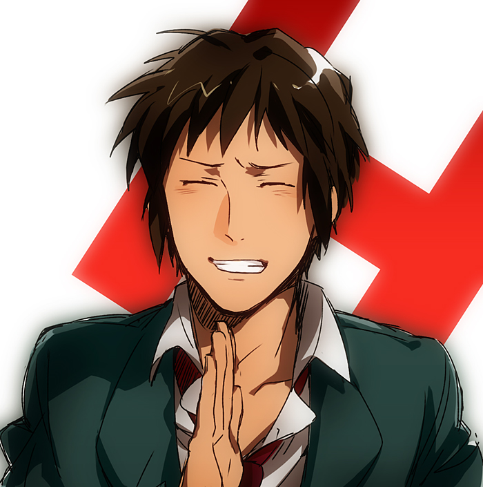 closed_eyes, eyes_closed, grin, kyon, male, school_uniform, short_hair, smile