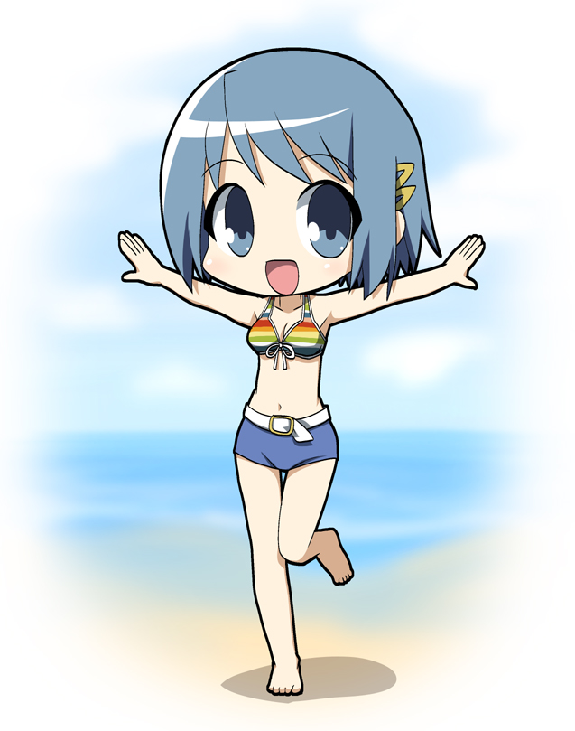 bikini_top, blue_eyes, blue_hair, chibi, mahou_shoujo_madoka_magica, miki_sayaka, osaragi_mitama, outstretched_arms