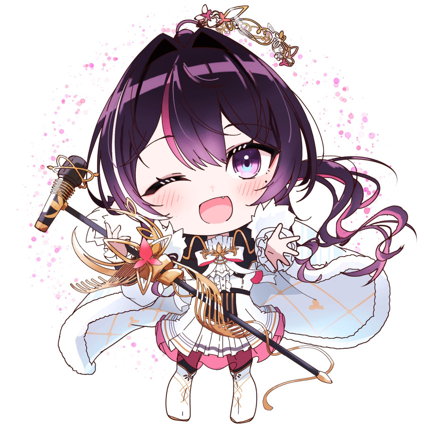 ;d, azki_(hololive), brown_hair, cape, chibi, chibi_only, colored_inner_hair, commentary_request, double-parted_bangs, dress, fang, fur-trimmed_cape, fur_trim, hair_between_eyes, hair_intakes, highres, hololive, jakoten_(pixiv_54744064), long_hair, mole, mole_under_eye, multicolored_hair, official_alternate_costume, one_eye_closed, open_mouth, pink_hair, sidelocks, skin_fang, smile, streaked_hair, violet_eyes, virtual_youtuber, white_cape, white_dress