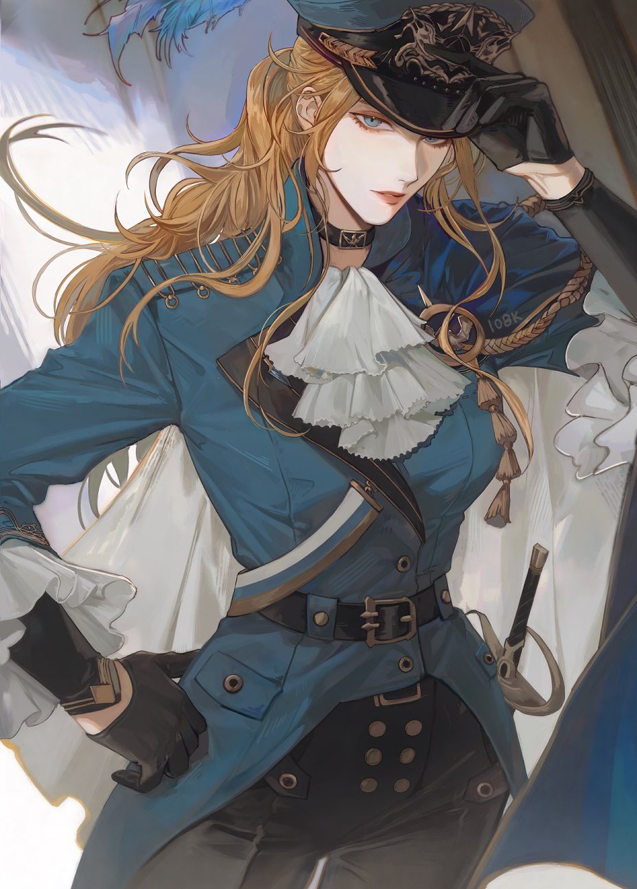 1girl, 1o8k, adjusting_clothes, adjusting_headwear, aiguillette, ascot, augustus_(path_to_nowhere), belt, belt_buckle, black_choker, black_gloves, black_pants, blonde_hair, blue_eyes, blue_jacket, buckle, cape, choker, commentary, cowboy_shot, gloves, hand_on_own_hip, hat, hat_feather, highres, holstered, jacket, kepi, lapel_pin, looking_at_viewer, military_hat, military_jacket, military_uniform, pants, path_to_nowhere, shoulder_boards, signature, solo, sword, symbol-only_commentary, weapon, white_ascot, white_cape