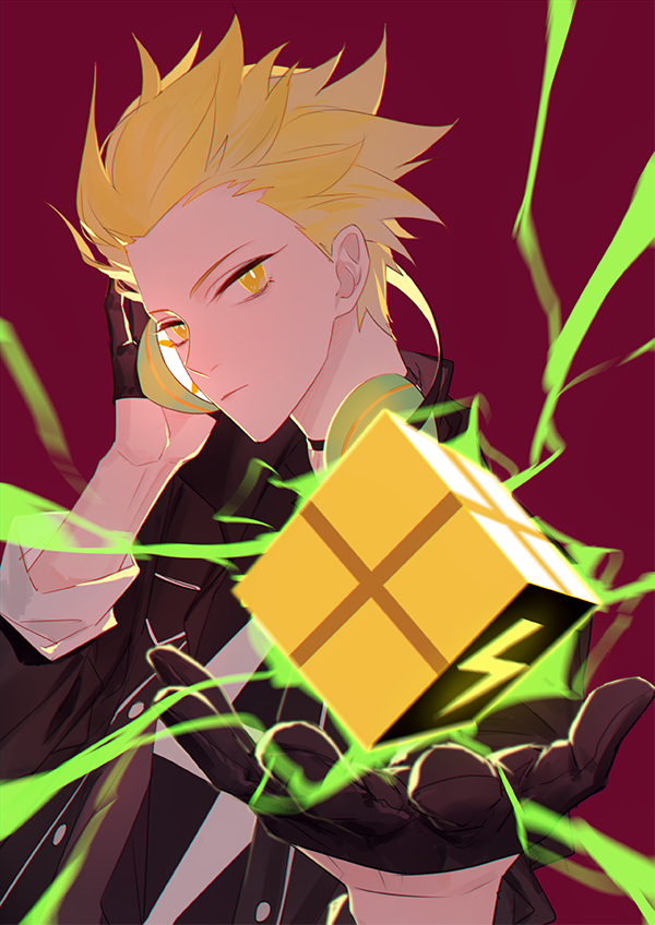 1boy, black_gloves, black_jacket, blonde_hair, bright_pupils, chinese_commentary, closed_mouth, commentary_request