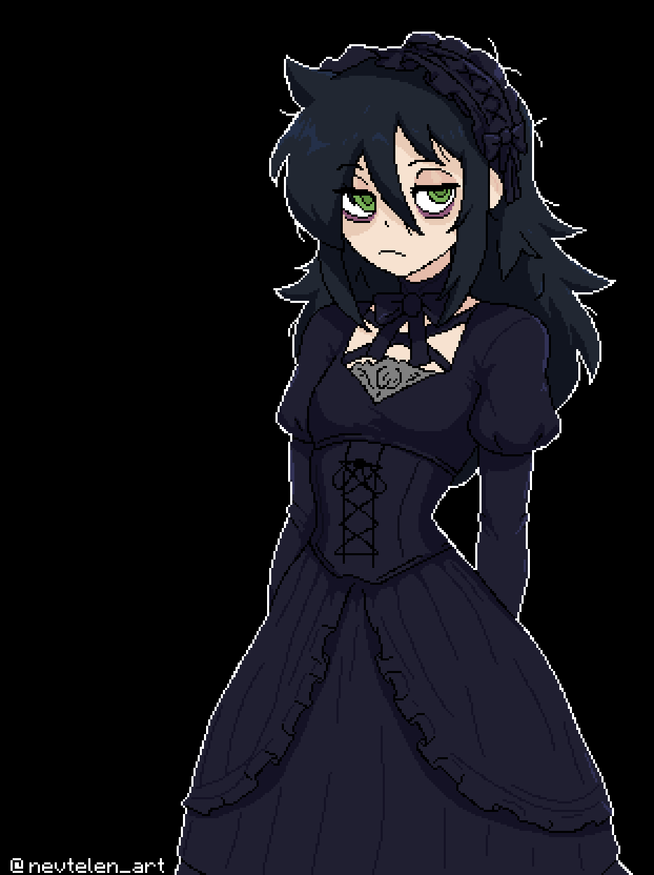 1girl, arms_behind_back, bags_under_eyes, black_background, black_collar, black_dress, black_hair, black_hairband, black_ribbon, breasts, collar, cowboy_shot, cross-laced_clothes, cross-laced_dress, dress, frilled_dress, frilled_hairband, frills, frown, gothic_lolita, green_eyes, hair_between_eyes, hair_over_one_eye, hairband, half-closed_eyes, highres, juliet_sleeves, kuroki_tomoko, light_frown, lolita_fashion, long_hair, long_sleeves, looking_to_the_side, messy_hair, neck_ribbon, nevtelen, outline, pixel_art, puffy_sleeves, ribbon, ribbon-trimmed_hairband, simple_background, small_breasts, solo, twitter_username, watashi_ga_motenai_no_wa_dou_kangaetemo_omaera_ga_warui!, watermark, white_outline