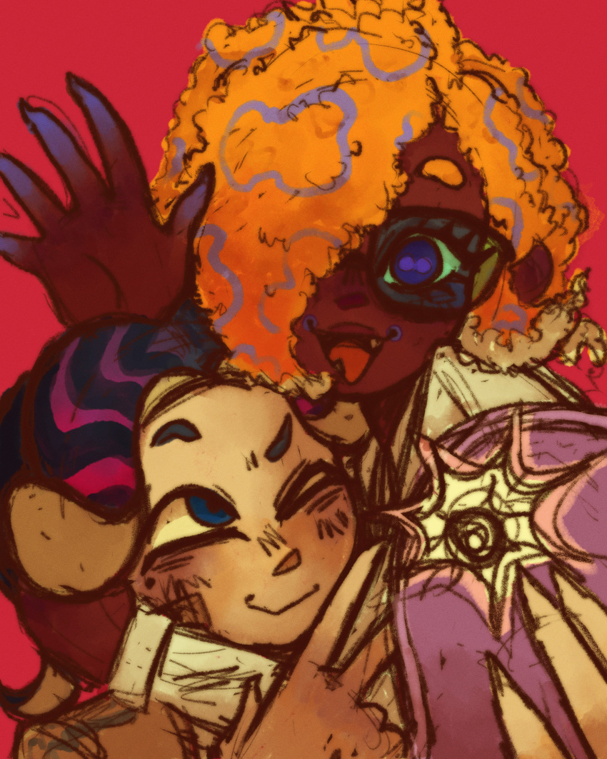 1boy, 1girl, absurdres, artist_request, blue_eyes, cephalopod_eyes, dark-skinned_female, dark_skin