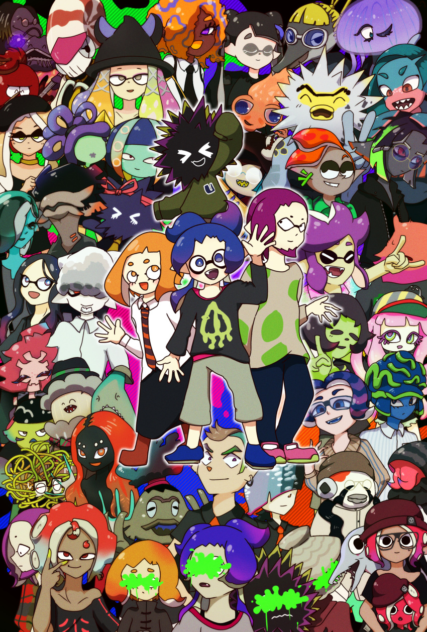 004clam_(splatoon), 6+boys, 6+girls, \m/, aqua_hair, aqua_skin, baker_(splatoon), bertie_feeder_(splatoon), black_hair, black_hat, black_necktie, black_shirt, black_skin, black_suspenders, blonde_hair, blue_eyes, blue_hair, brown_hat, candi_(splatoon), censored, censored_identity, cephalopod_eyes, choker, clash_(splatoon), closed_eyes, collared_shirt, colored_skin, cory_(splatoon), dark-skinned_female, dark_skin, domino_mask, eye_mask, finn_feeder_(splatoon), fish, glasses, gradient_hair, green_hair, grey_eyes, grey_hair, grey_shirt, hair_over_one_eye, harmony_(splatoon), hat, highres, ichiya_(splatoon), jawn_feeder_(splatoon), jellyfish, jessika_(splatoon), karen_(splatoon), karla_(splatoon), keaton_(splatoon), kiki_(splatoon), kitamura_(splatoon), kuze_(splatoon), lionel_(splatoon), looking_at_viewer, martin_(splatoon), mashup_(splatoon), mask, maya_(splatoon), mizo_(splatoon), multicolored_hair, multiple_boys, multiple_girls, murasaki_(splatoon), murdoch_feeder_(splatoon), nami_(splatoon), nautilus_(animal), necktie, neil_(splatoon), nia_(splatoon), nishida_(splatoon), octoling, omame_is_oira, oonie_(splatoon), opaque_glasses, open_mouth, orange_eyes, orange_hair, orion_(splatoon), outline, patterned_hair, paul_(splatoon), pink_hair, pointy_ears, print_shirt, profile, purple_hair, quinn_(splatoon), red_eyes, red_hair, red_ribbon, ribbon, round_eyewear, ryley_(splatoon), ryu_chang_(splatoon), sea_urchin, sharp_teeth, shirt, smile, splatoon_(series), splatoon_3, striped_hat, striped_necktie, taka_(splatoon), tangle_feeder_(splatoon), tao_blu_(splatoon), teeth, tentacle_hair, tosh_(splatoon), v, violet_eyes, walter_(splatoon), white_outline, white_shirt, yakko_(splatoon), yanagi_(splatoon), yoko_(splatoon), zuzu_(splatoon)