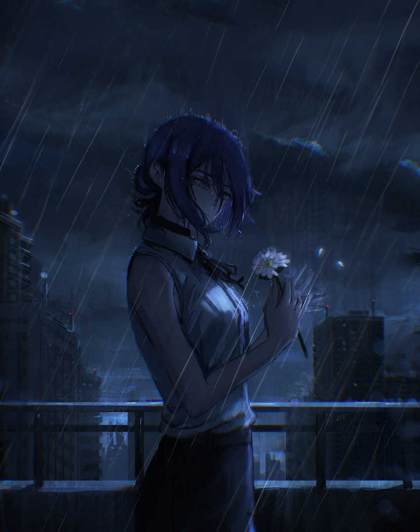 1girl, absurdres, black_choker, black_ribbon, building, chainsaw_man, choker, city
