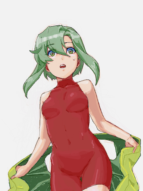 bodysuit, green_eyes, green_hair, kazama_hazuki, oekaki, open_mouth, samurai_spirits, skin_tight, sleeveless, snk, solo, sweatdrop, tamura_(nex)