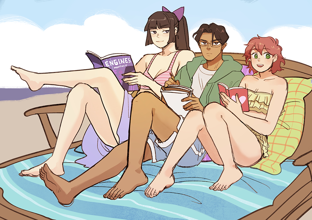 1boy, 2girls, barefoot, bikini, book, bow, dark-skinned_male, dark_skin