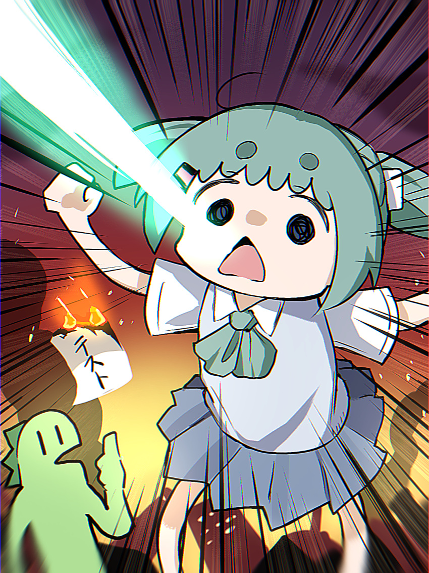 1girl, 1other, @_@, aqua_hair, aqua_necktie, black_eyes, blue_skirt, building