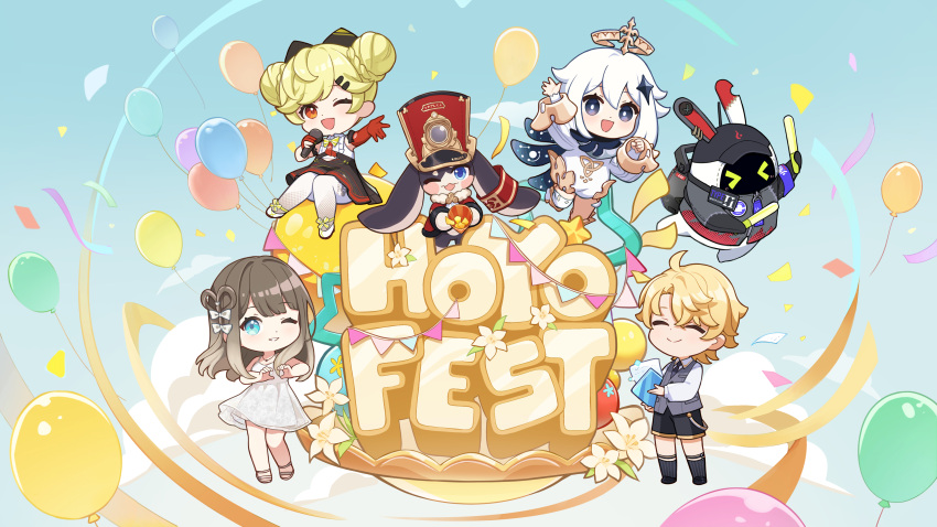 >_<, 1boy, 2others, 3girls, :d, ;d, absurdres, ai-chan_(honkai_impact)