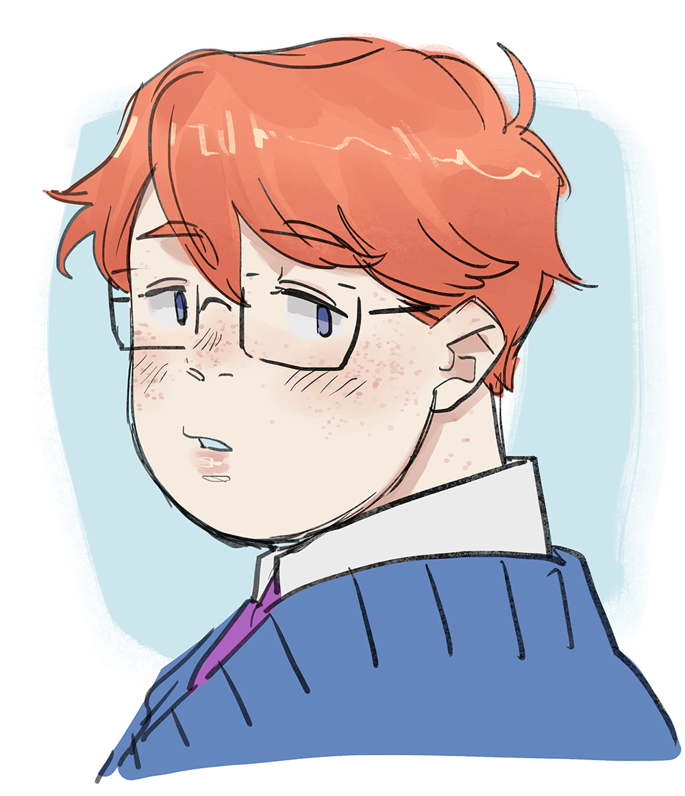 1boy, blue_eyes, blush, design_speculation, fat, freckles, glasses, lips