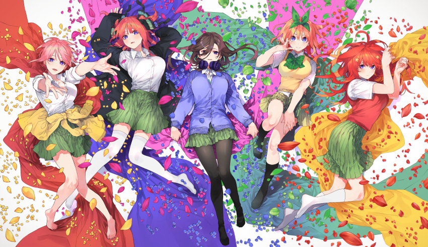 5girls, absurdres, barefoot, black_jacket, black_pantyhose, black_socks, breasts, brown_hair, butterfly_hair_ornament, cardigan, cardigan_around_waist, closed_mouth, clothes_around_waist, collared_shirt, commentary_request, go-toubun_no_hanayome, green_petals, green_ribbon, green_skirt, hair_ornament, hair_ribbon, haruba_negi, headphones, headphones_around_neck, highres, jacket, large_breasts, looking_at_viewer, multiple_girls, nakano_ichika, nakano_itsuki, nakano_miku, nakano_nino, nakano_yotsuba, no_shoes, open_mouth, orange_hair, outstretched_arms, pantyhose, parted_lips, pink_hair, pink_petals, pleated_skirt, purple_cardigan, purple_petals, quintuplets, red_hair, red_petals, red_sweater_vest, ribbon, shirt, short_hair, siblings, sisters, skirt, smile, socks, star_(symbol), star_hair_ornament, sweater_vest, thigh-highs, violet_eyes, white_shirt, white_socks, white_thighhighs, yellow_cardigan, yellow_petals, yellow_sweater_vest