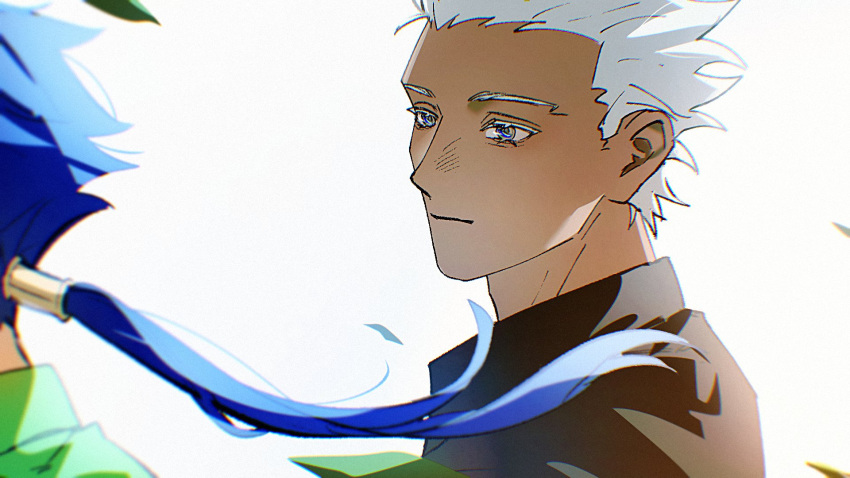 2boys, archer_(casual_wear)_(fate), archer_(fate), black_shirt, blue_eyes, blue_hair, code3755, commentary_request