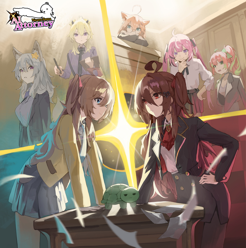 6+girls, absurdres, ace_attorney, ahoge, animal_ears, annytf, ascot, black_horns