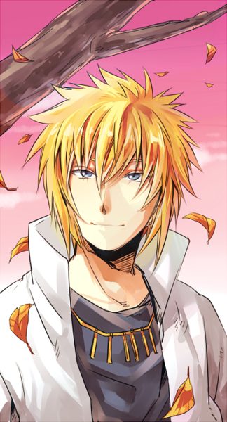 1boy, blonde_hair, blue_eyes, branch, commentary_request, eyebrows_hidden_by_hair, jacket, jewelry