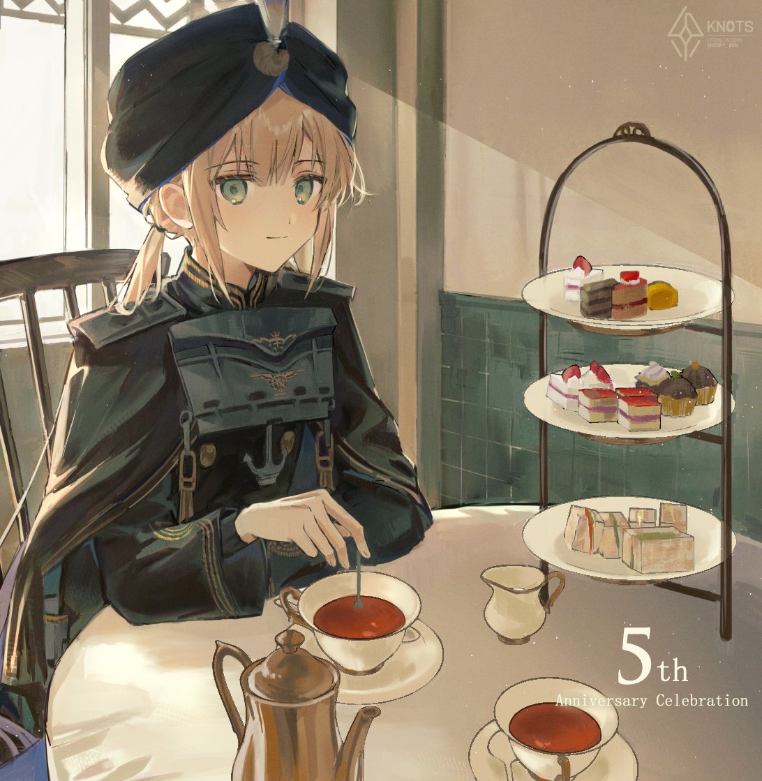 1boy, androgynous, black_cape, black_poncho, black_turban, blonde_hair, buttons, cake