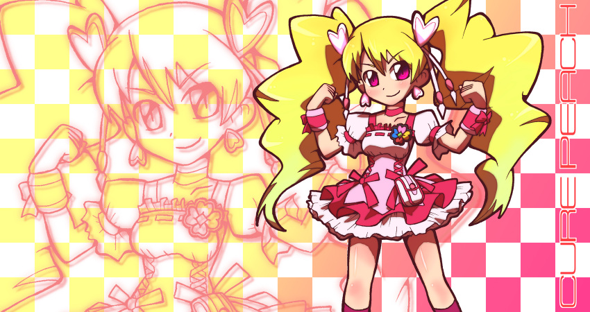 blonde_hair, checkered, checkered_background, choker, cure_peach, dress, earrings, fresh_precure!