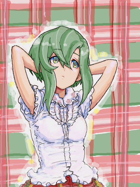 arms_up, bad_id, frills, green_eyes, green_hair, kazama_hazuki, oekaki, plaid
