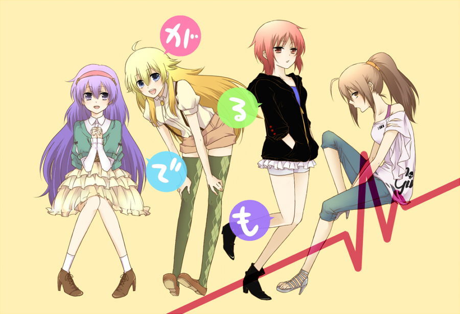 argyle, argyle_legwear, blonde_hair, brown_hair, casual, dress, haitei, hisako_(angel_beats!)