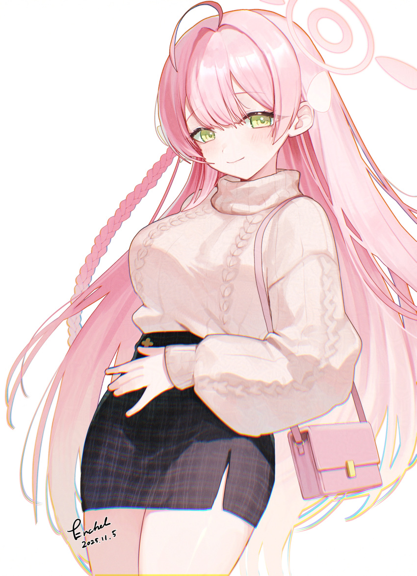 1girl, absurdres, ahoge, black_skirt, blue_archive, blush, bow, braid
