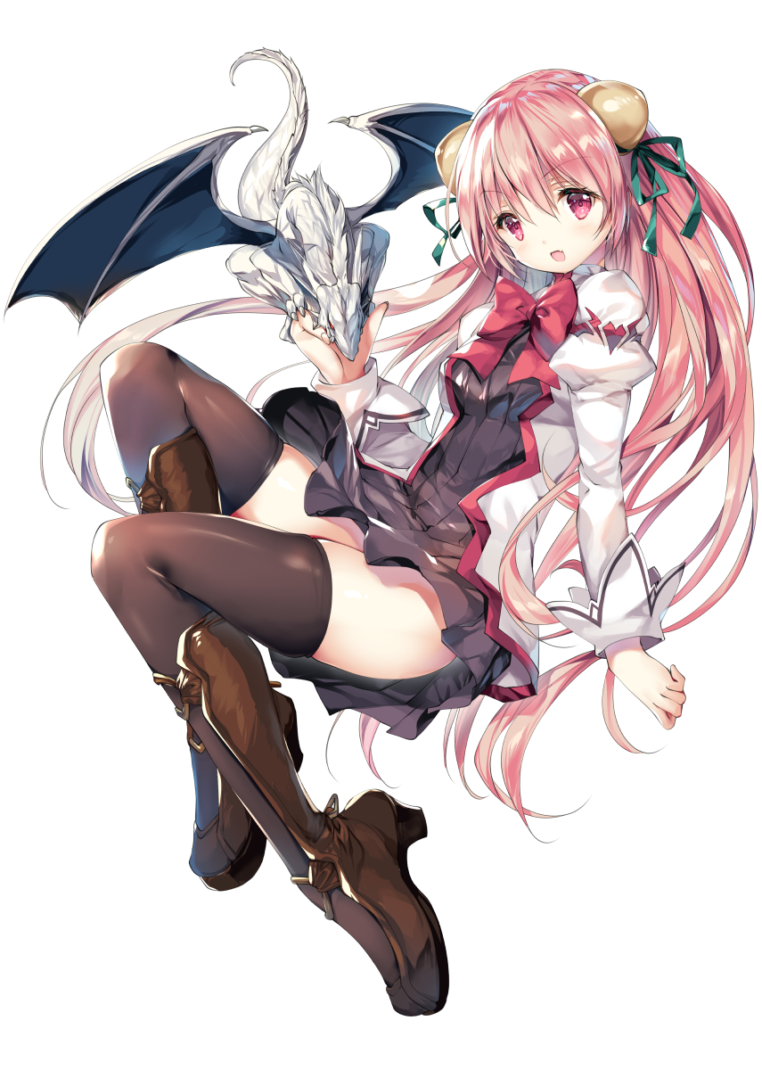 1girl, black_dress, black_ribbon, black_thighhighs, boots, bow, bowtie, breasts