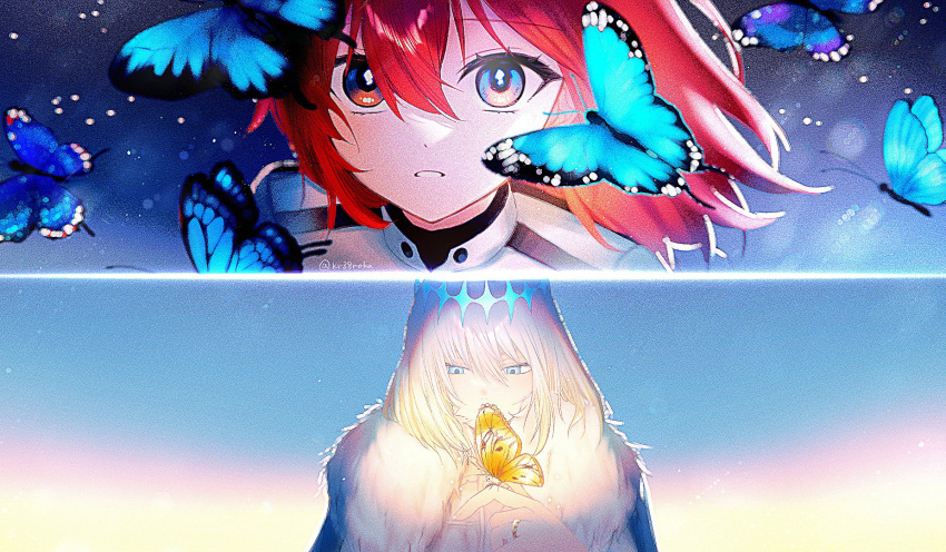 1boy, 1girl, ahoge, blue_butterfly, blue_eyes, bug, butterfly, cloak, crown, diamond_hairband, dress, fate/grand_order, fate_(series), fujimaru_ritsuka_(female), fujimaru_ritsuka_(female)_(decisive_battle_chaldea_uniform), fur-trimmed_cloak, fur_trim, gloves, grey_hair, highres, insect_on_finger, jacket, kr38roka, medium_hair, oberon_(fate), oberon_(second_ascension)_(fate), orange_eyes, orange_hair, robe, white_dress, white_jacket, white_robe