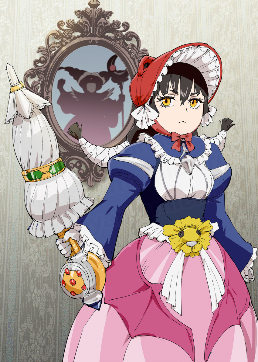 1girl, black_hair, bonnet, buttons, closed_mouth, closed_umbrella, commentary_request, dress