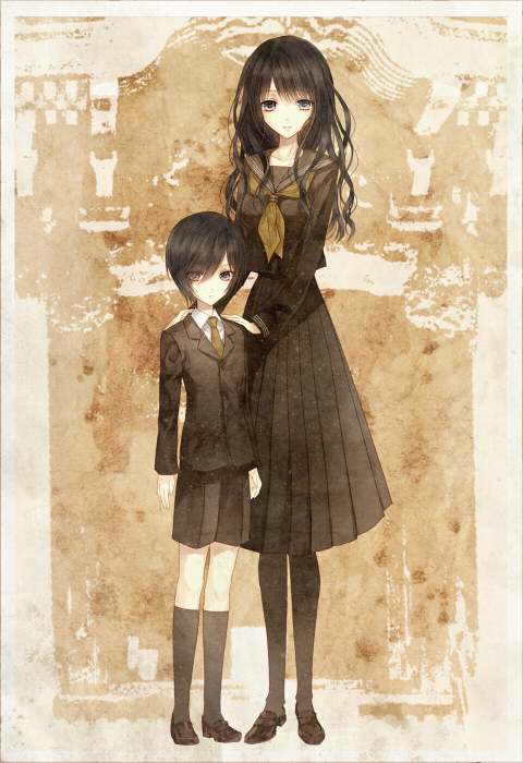 blue_eyes, blush, brother_and_sister, fatal_frame, fatal_frame_4, haibara_sakuya, haibara_you, jacket, long_hair, pantyhose, photo, photo_(object), school_uniform, serafuku, short, short_hair, shorts, siblings, skirt, young, yusa_tk74