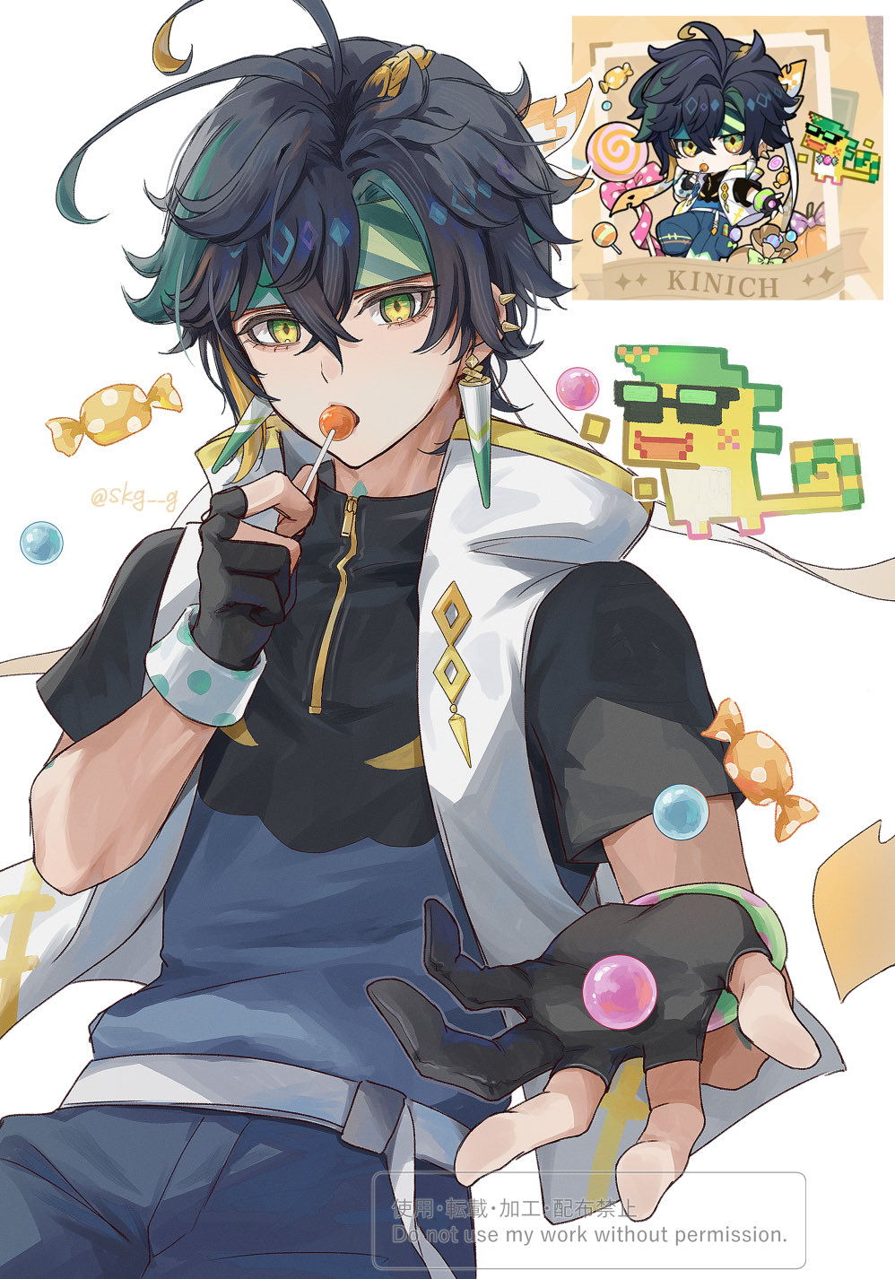 1boy, ajaw_(genshin_impact), black_gloves, black_hair, black_shirt, blonde_hair, blue_pants, blue_shirt